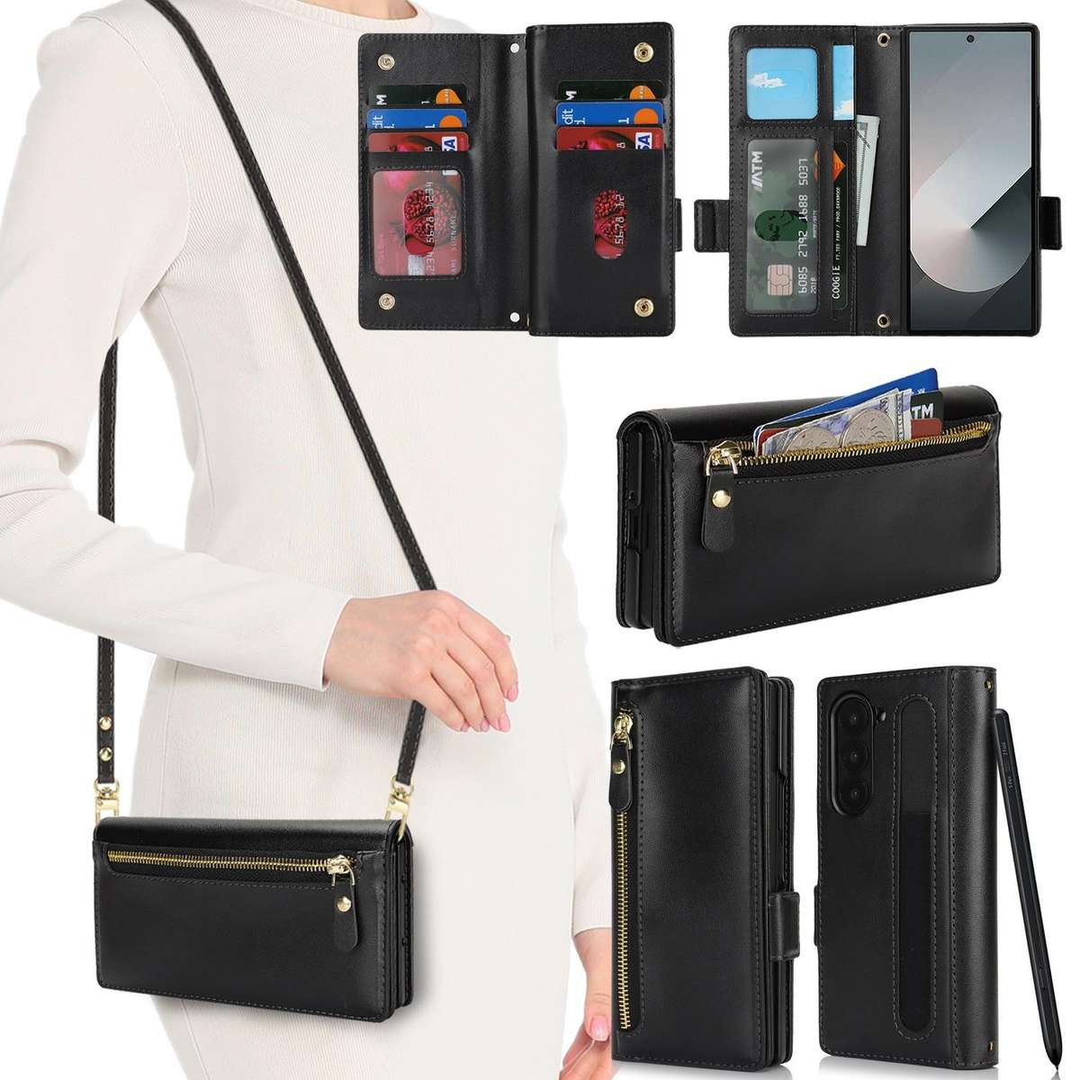 For Samsung Galaxy Z Fold6 Crossbody Front Zipper Multi-Card Wallet Bag Vegan Leather ... (Black)