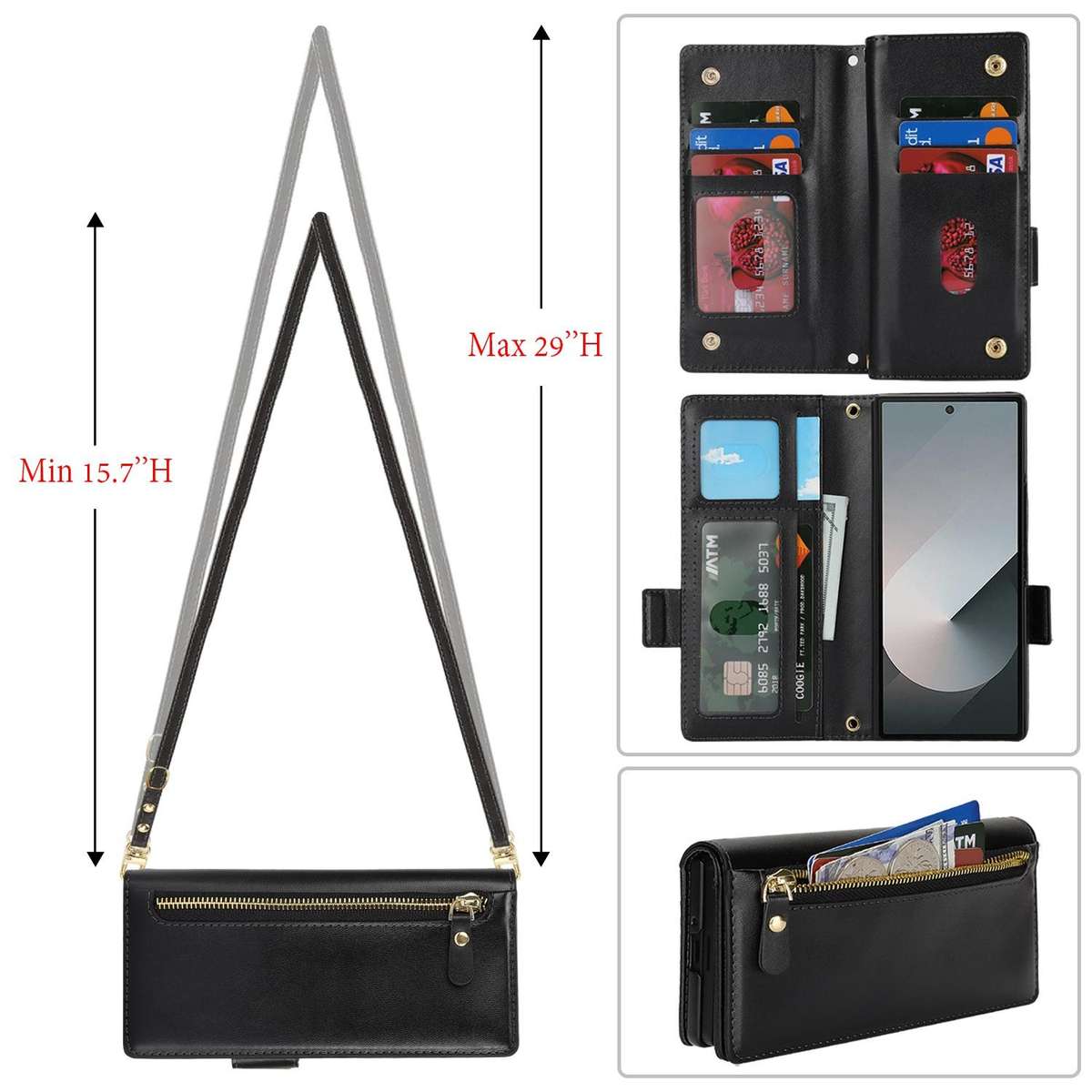For Samsung Galaxy Z Fold6 Crossbody Front Zipper Multi-Card Wallet Bag Vegan Leather ... (Black)