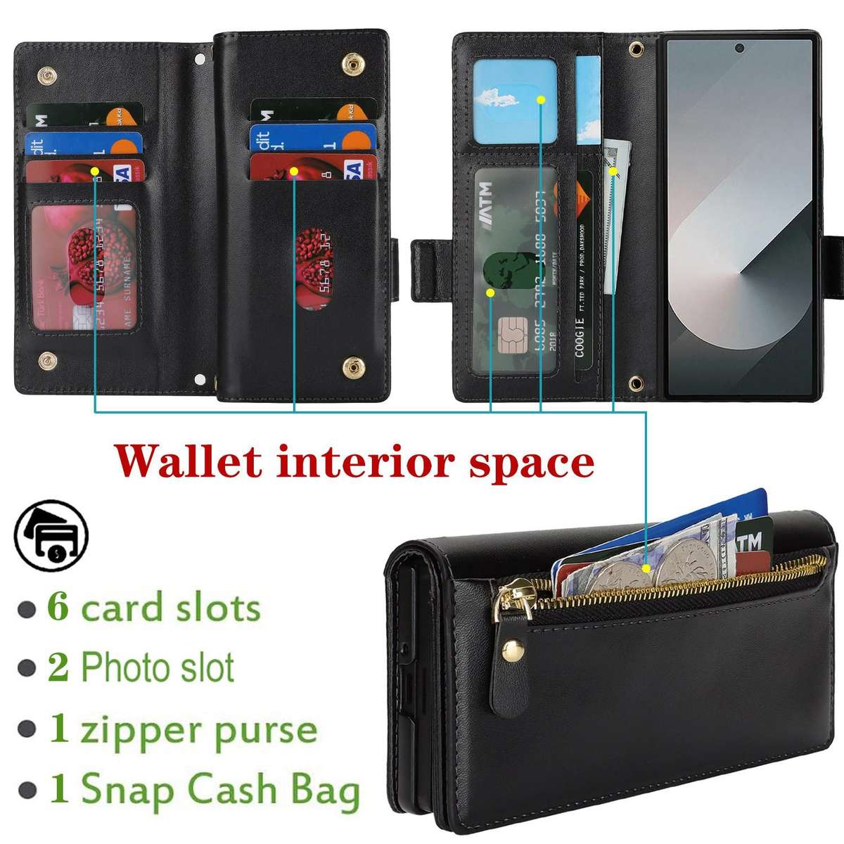For Samsung Galaxy Z Fold6 Crossbody Front Zipper Multi-Card Wallet Bag Vegan Leather ... (Black)