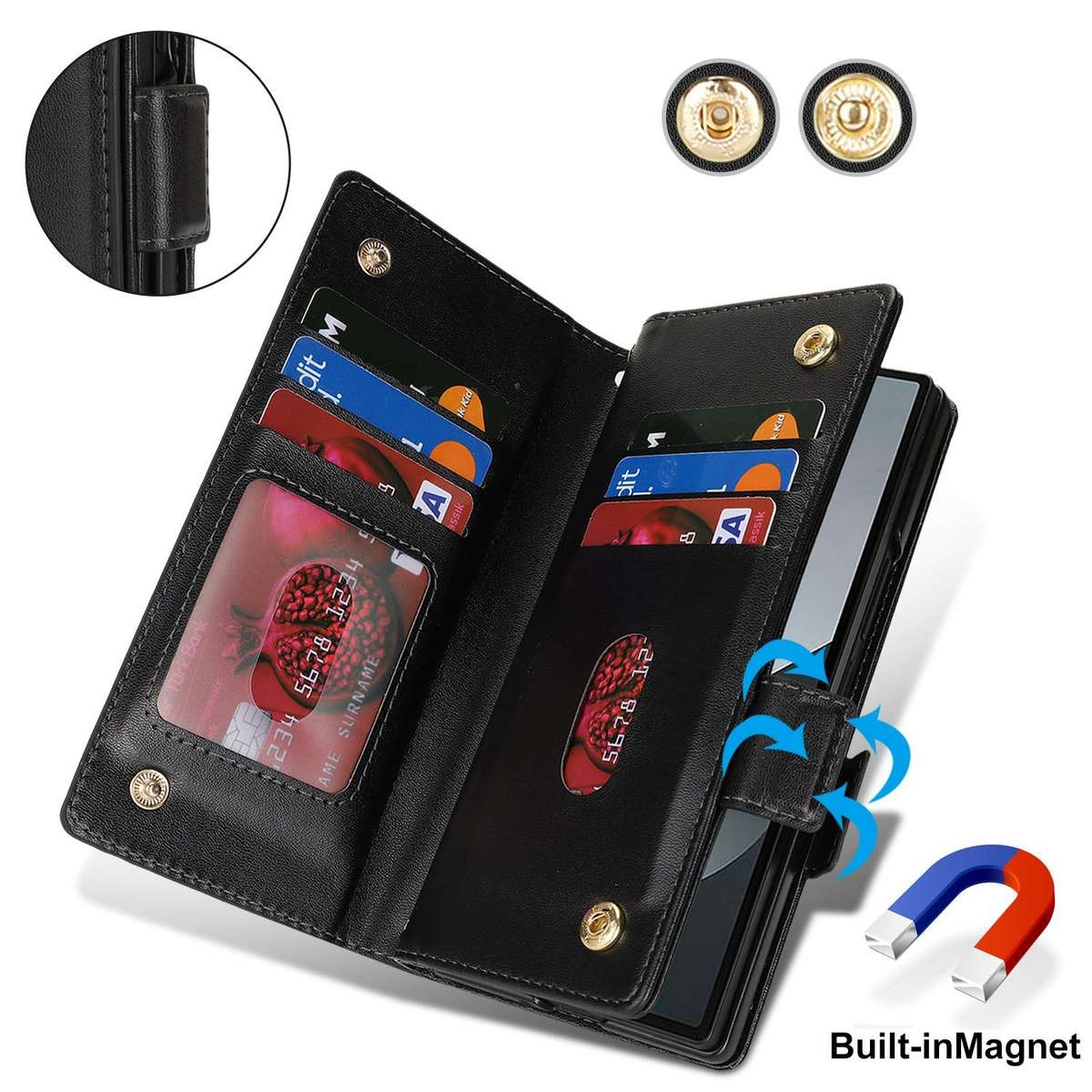 For Samsung Galaxy Z Fold6 Crossbody Front Zipper Multi-Card Wallet Bag Vegan Leather ... (Black)