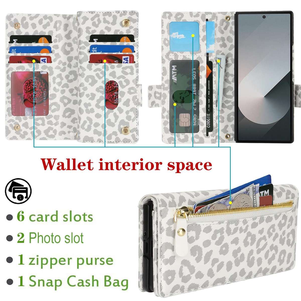 For Samsung Galaxy Z Fold6 Crossbody Front Zipper Multi-Card Wallet Bag Vegan ... (White Leopard)