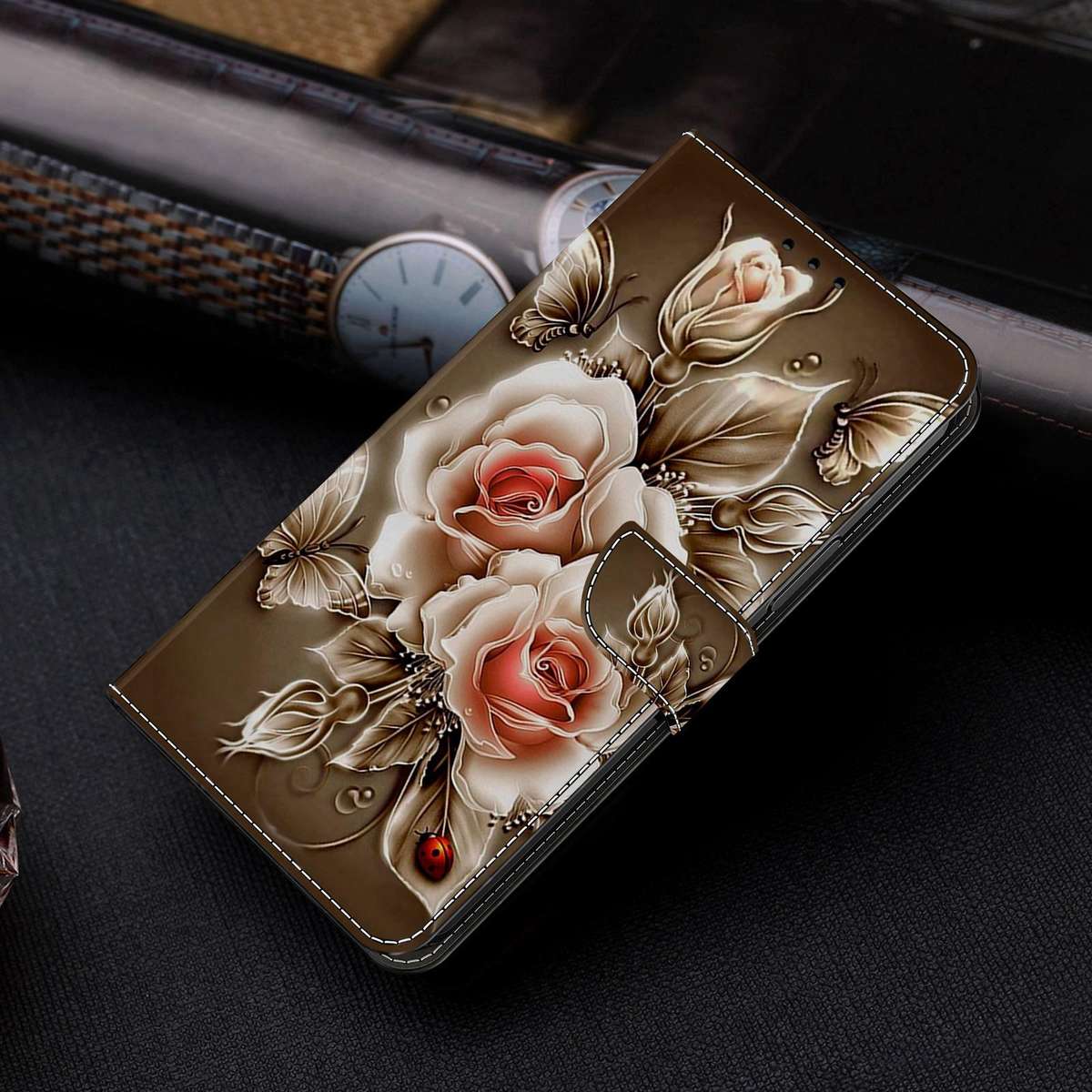 For Xiaomi 17 Ultra Crystal-Like Painted Vegan Leather Phone Case(Brown Rose)