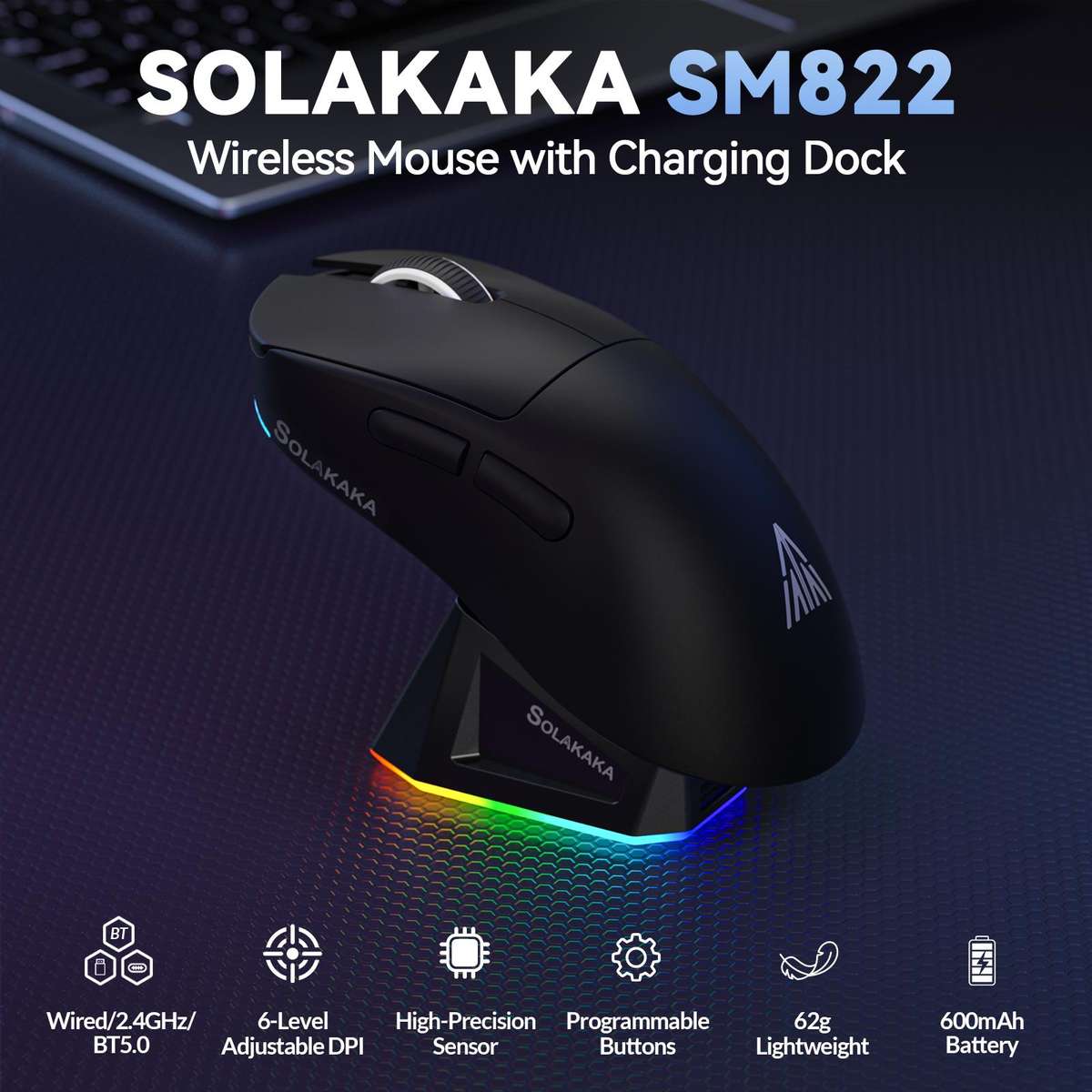 SOLAKAKA SM822 Tri-Mode 24000DPI 1000Hz Wireless Gaming Mouse with RGB Charging Dock(Black)