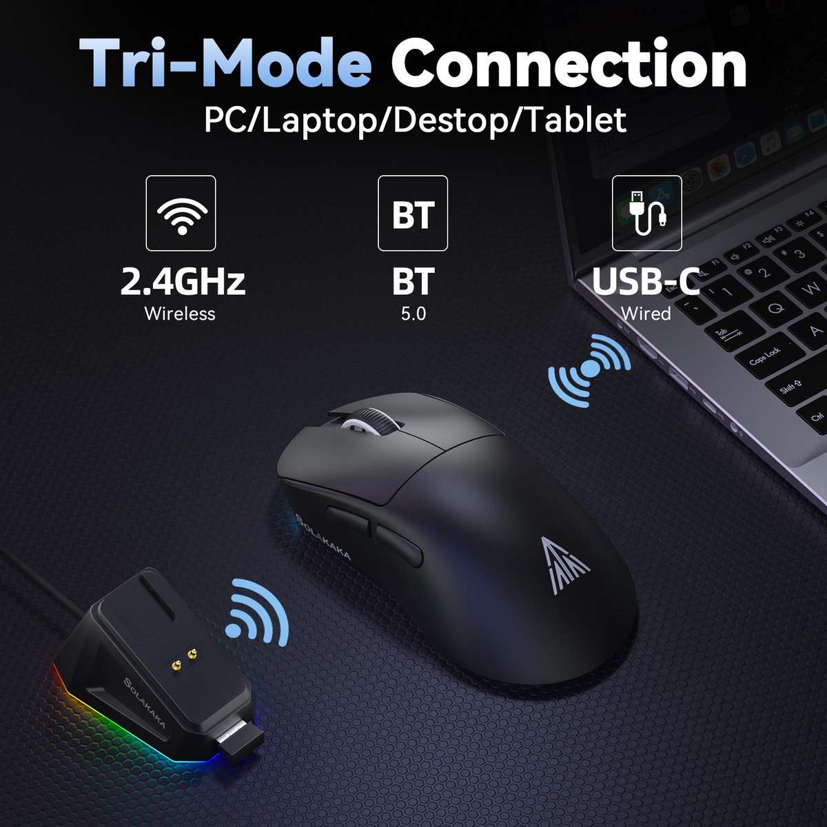 SOLAKAKA SM822 Tri-Mode 24000DPI 1000Hz Wireless Gaming Mouse with RGB Charging Dock(Black)
