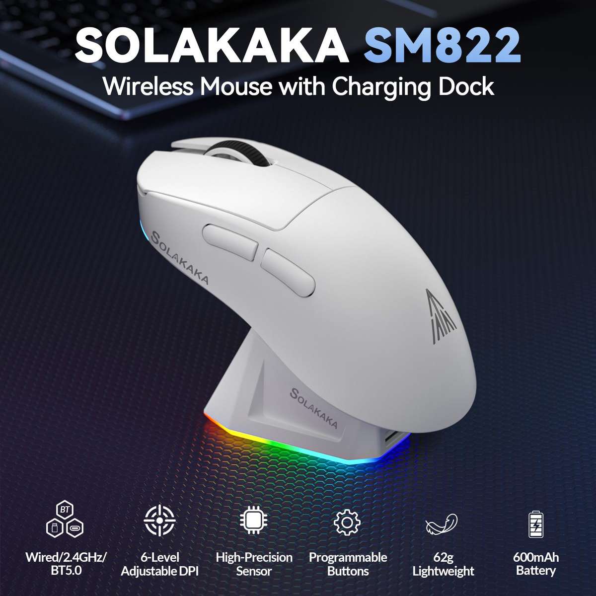 SOLAKAKA SM822 Tri-Mode 24000DPI 1000Hz Wireless Gaming Mouse with RGB Charging Dock(Black)