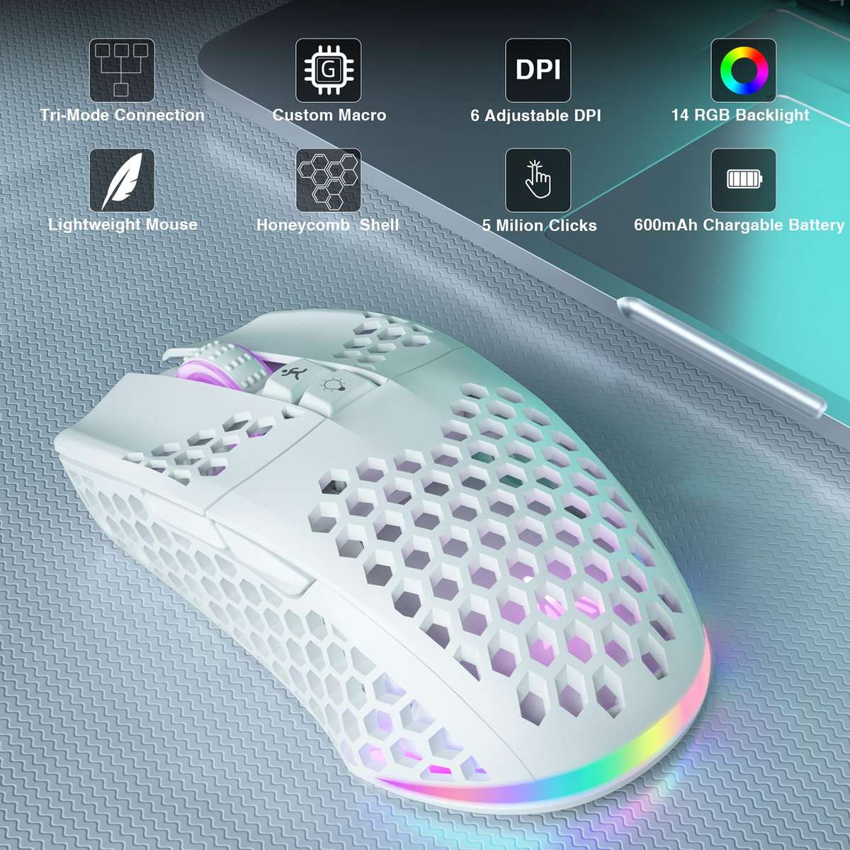 SOLAKAKA SM600 Hollowed Out RGB Tri-mode Wireless Gaming Mouse(White)