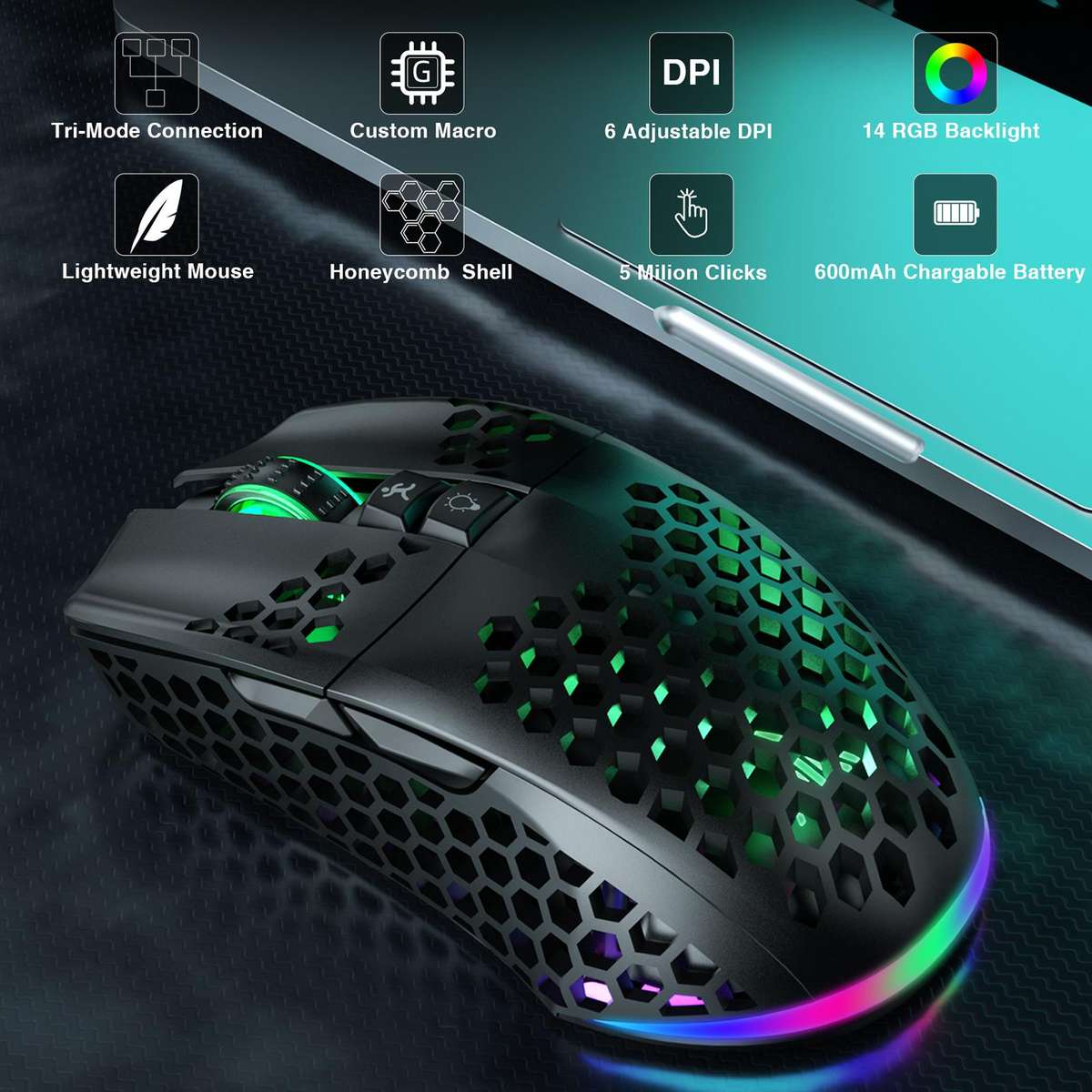 SOLAKAKA SM600 Hollowed Out RGB Tri-mode Wireless Gaming Mouse(White)