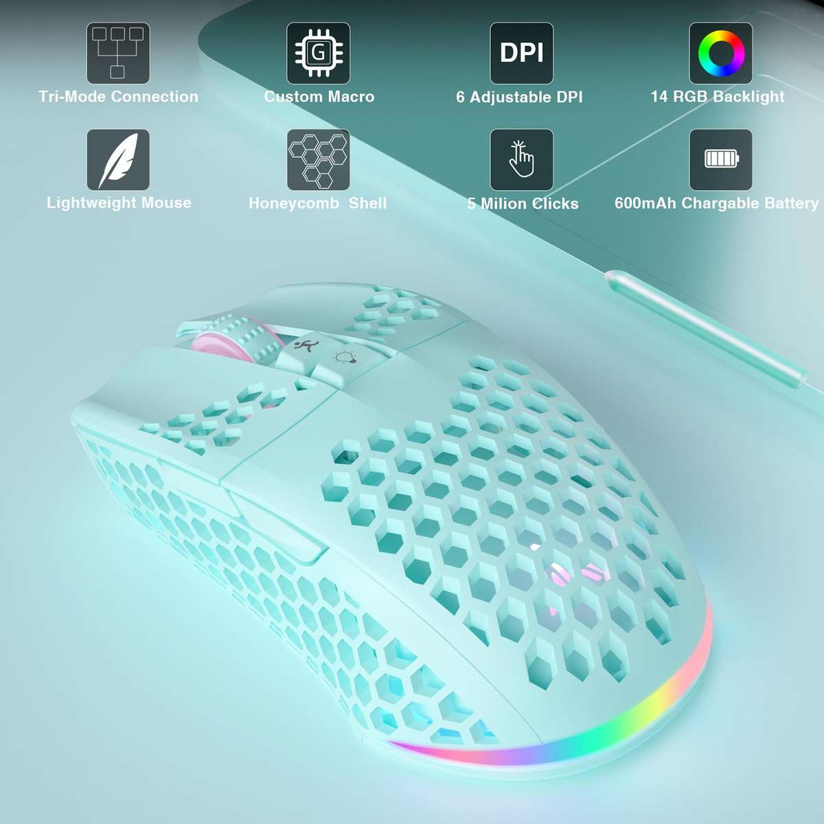 SOLAKAKA SM600 Hollowed Out RGB Tri-mode Wireless Gaming Mouse(White)