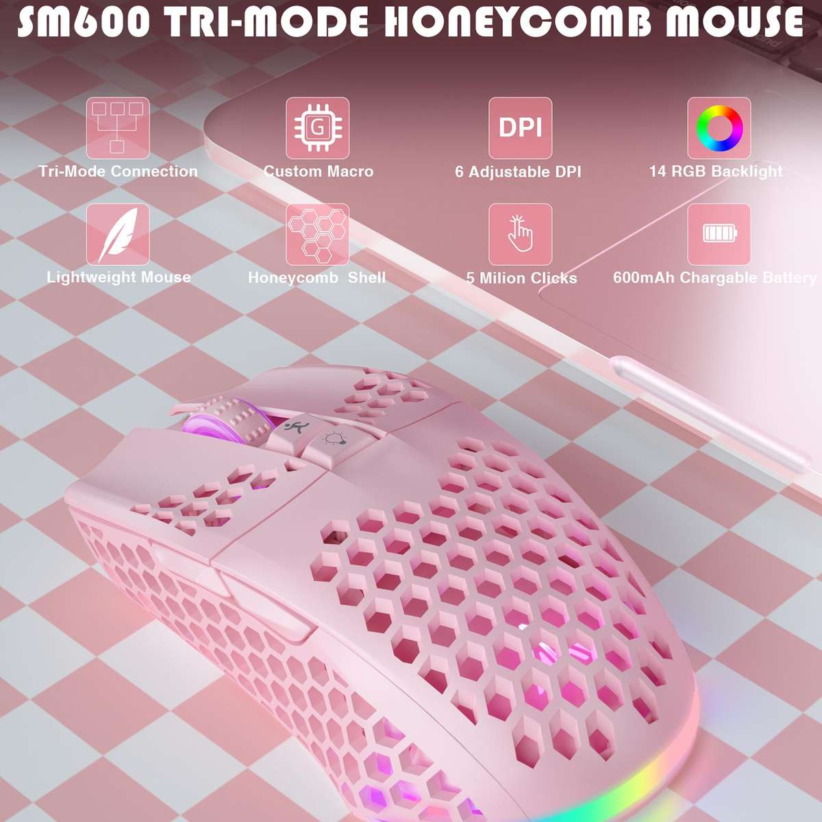 SOLAKAKA SM600 Hollowed Out RGB Tri-mode Wireless Gaming Mouse(White)