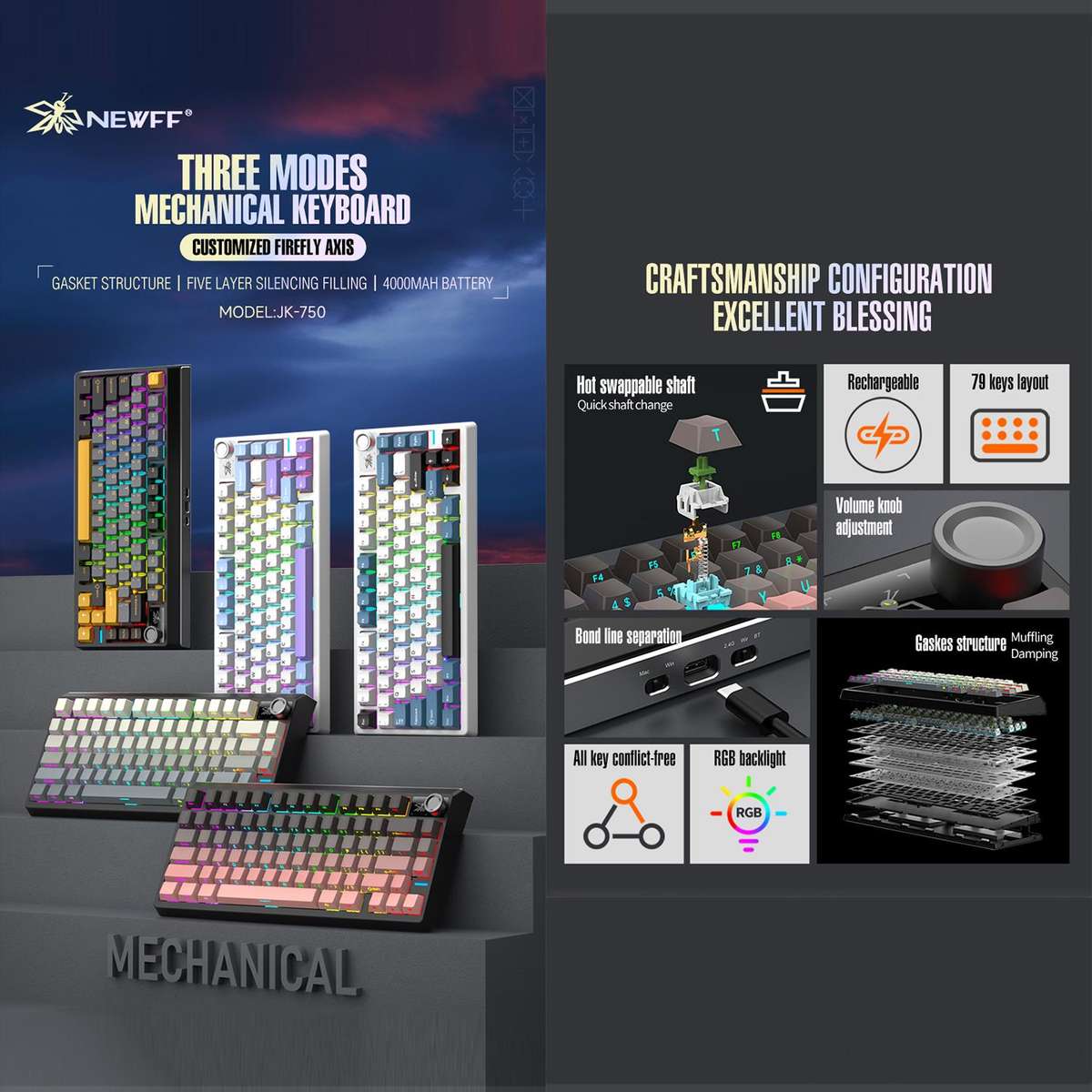SHIPADOO JK750 Blue Switch RGB 79 Keys Three Modes Mechanical Keyboard(Glacier Blue)