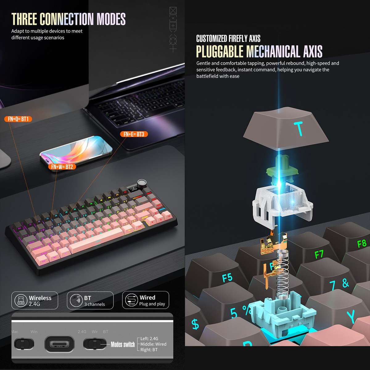 SHIPADOO JK750 Blue Switch RGB 79 Keys Three Modes Mechanical Keyboard(Glacier Blue)
