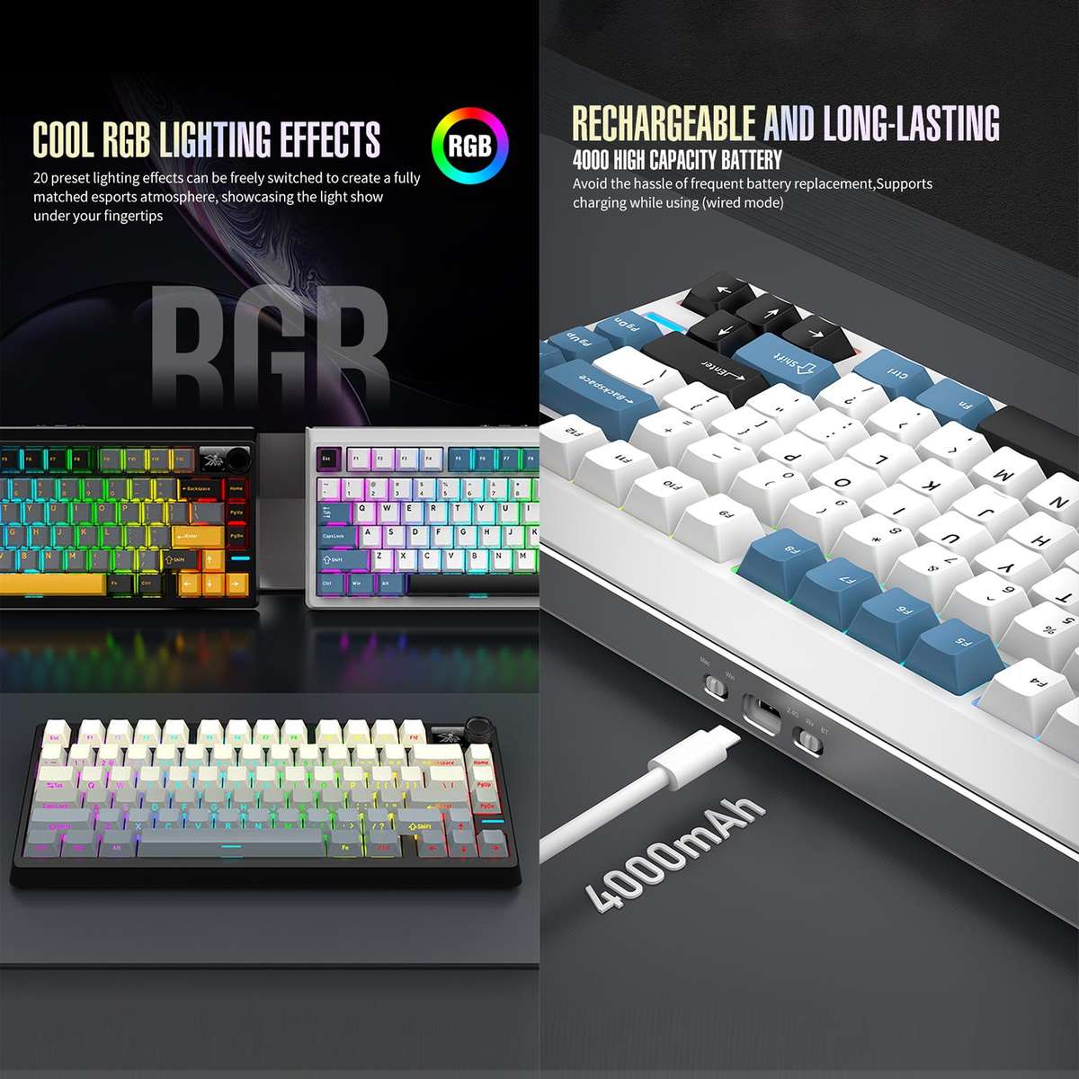 SHIPADOO JK750 Blue Switch RGB 79 Keys Three Modes Mechanical Keyboard(Glacier Blue)