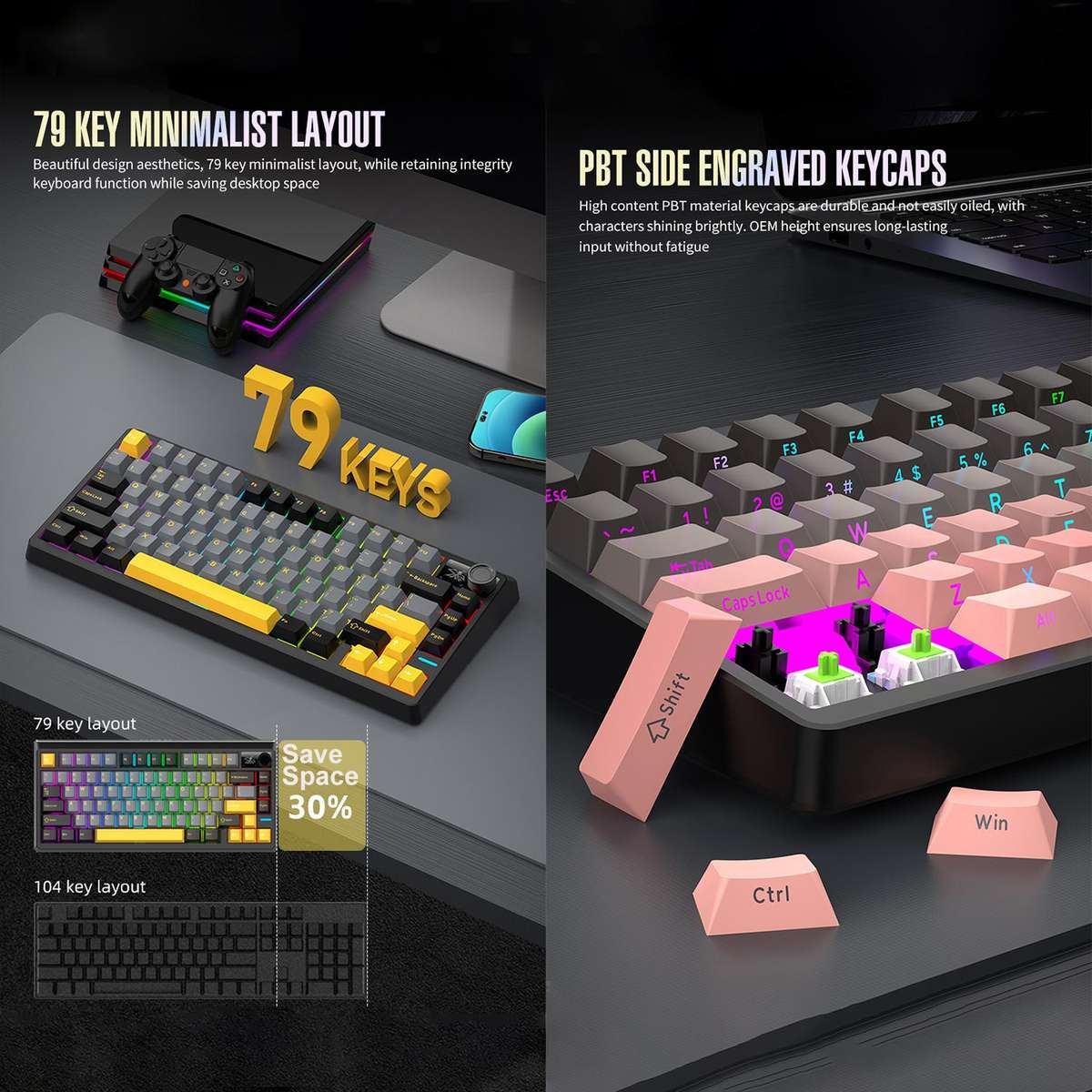 SHIPADOO JK750 Blue Switch RGB 79 Keys Three Modes Mechanical Keyboard(Glacier Blue)