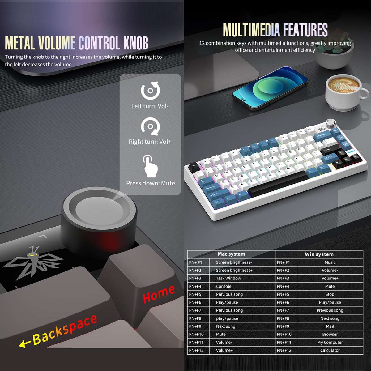SHIPADOO JK750 Blue Switch RGB 79 Keys Three Modes Mechanical Keyboard(Glacier Blue)