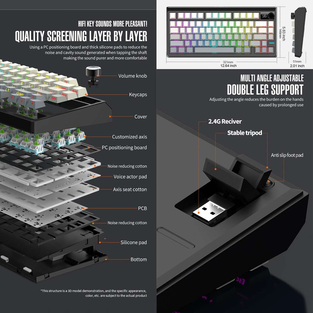 SHIPADOO JK750 Blue Switch RGB 79 Keys Three Modes Mechanical Keyboard(Glacier Blue)