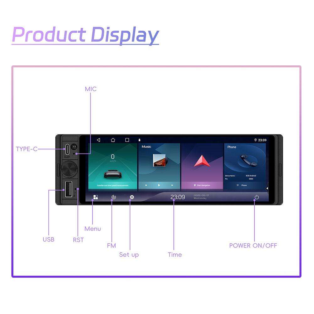 Universal 6.28 inch Single-DIN Car Center Console Display with CarPlay & Android Auto Function, Type