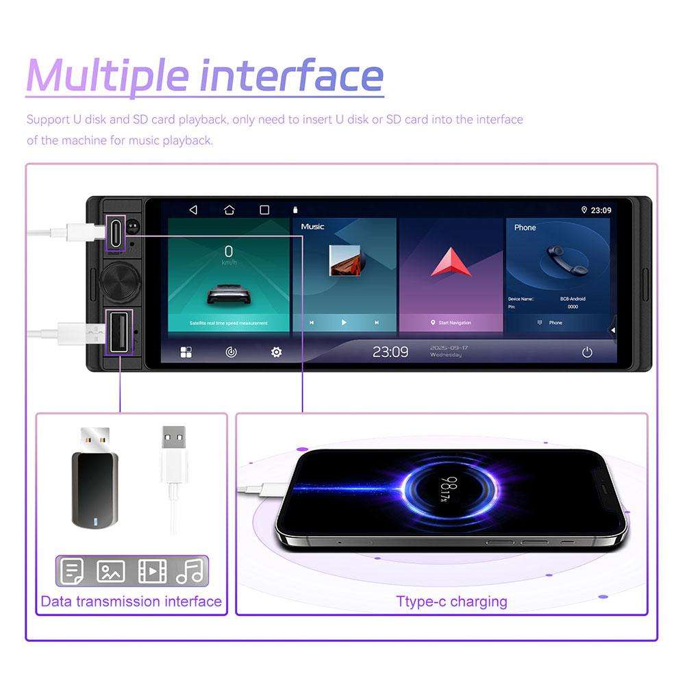 Universal 6.28 inch Single-DIN Car Center Console Display with CarPlay & Android Auto Function, Type
