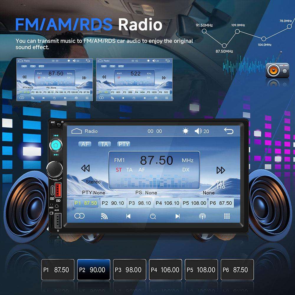 Universal 7 inch Dual-DIN Car MP5 Player Center Console Display with CarPlay & Android Auto Function