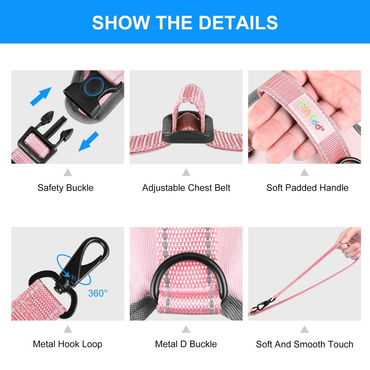 FunAdd Traction Rope Reflective Breathable Nylon Pet Vest Dog Harness, Size: S (Pink)