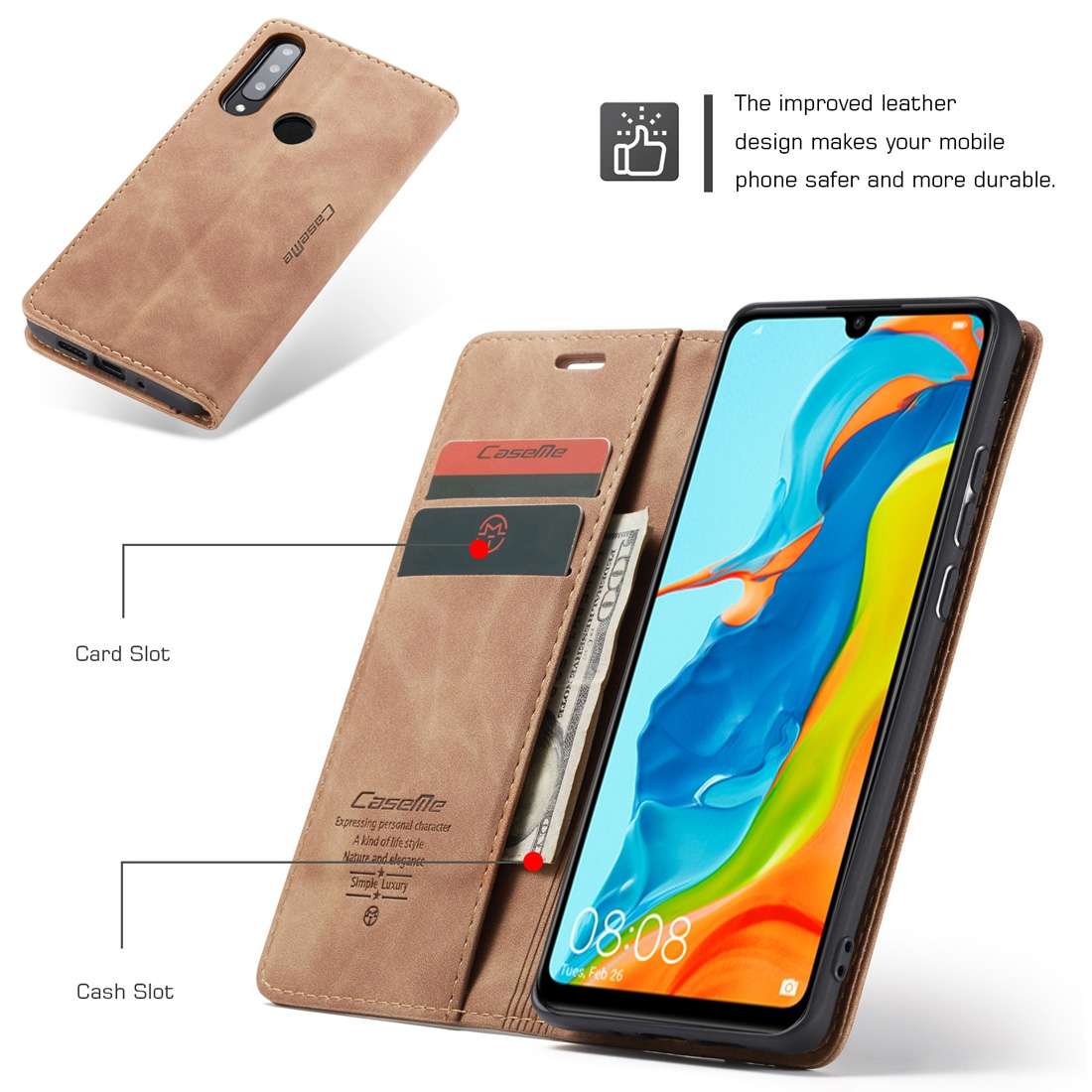 CaseMe-013 Multifunctional Retro Frosted Horizontal Flip Leather Case for Huawei P30 L ... (Brown)