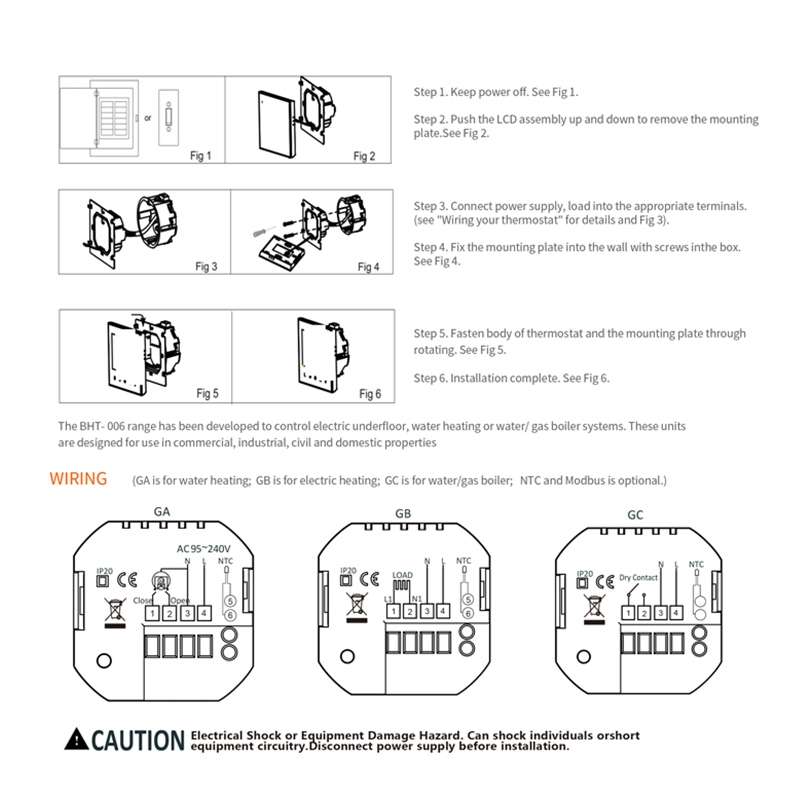 BHT-006GCLW 95-240V AC 5A Smart Home Heating Thermostat for EU Box, Control Boiler Heating with Only