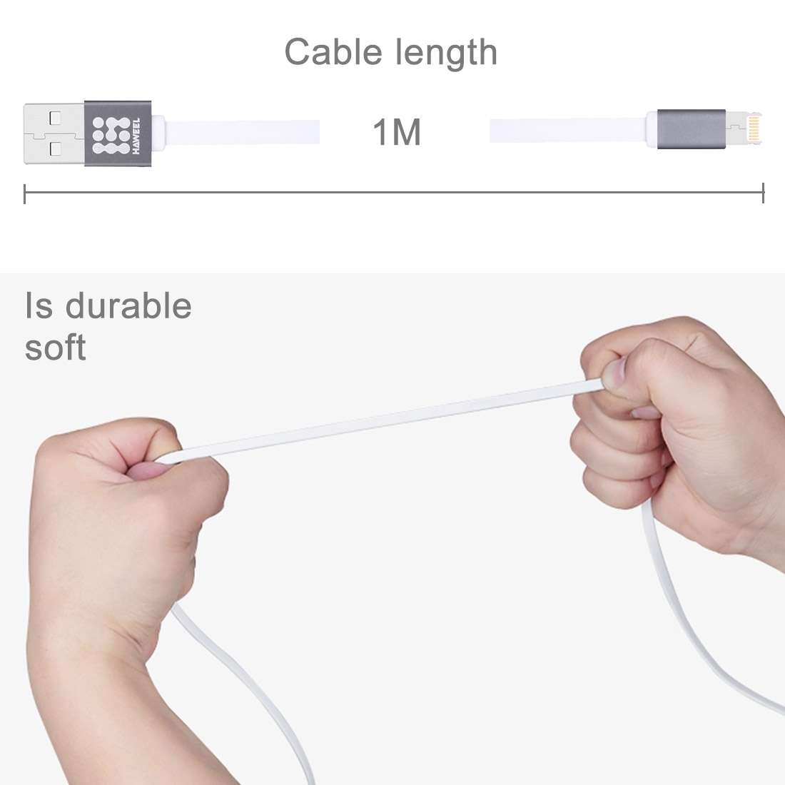 HAWEEL 1m Noodle Style 2 in 1 Micro USB & 8 Pin Both Side Data Sync Charging Cable(White)