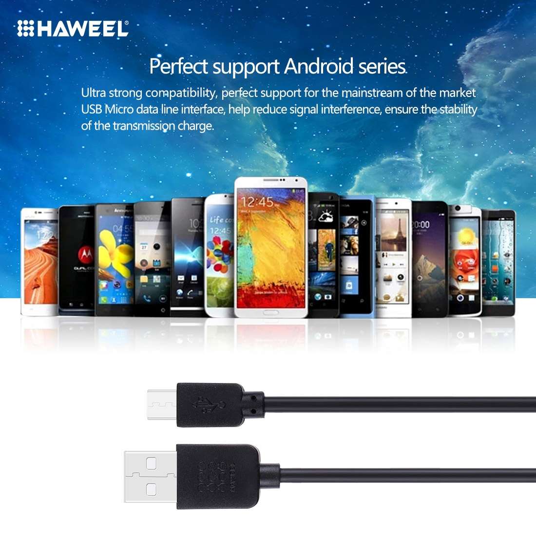 3 PCS HAWEEL 1m High Speed Micro USB to USB Data Sync Charging Cable Kits For Galaxy, Huawei, Xiao