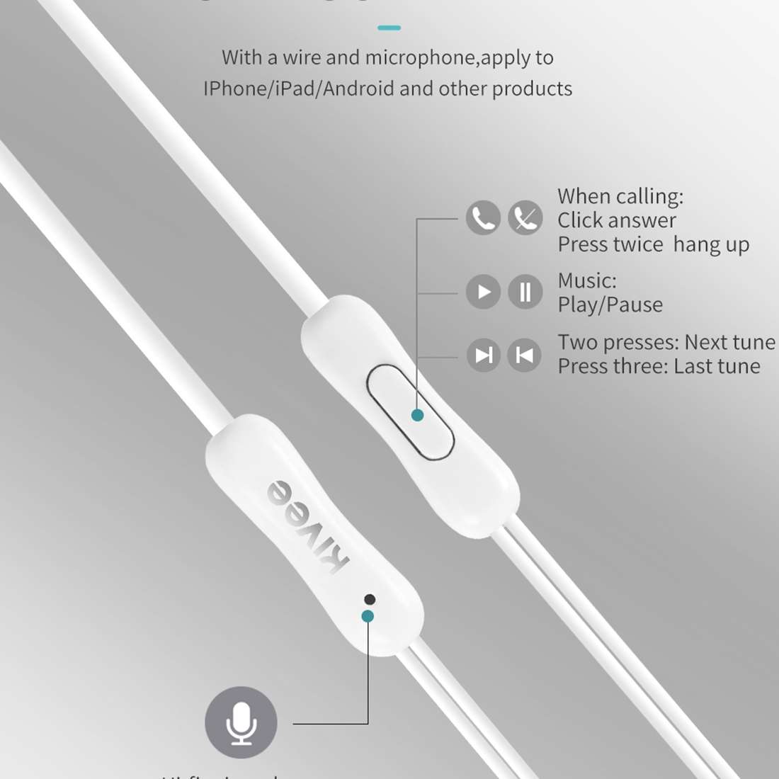 KIVEE KV-MT37 3.5mm Jack Wire-controlled Wired Music Earphone, Supports Calls, Cable L ... (White)