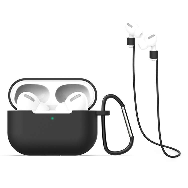 For AirPods Pro Silicone Earphone Protective Case + Hook + Anti-lost Rope 3 in 1 Set(Black)
