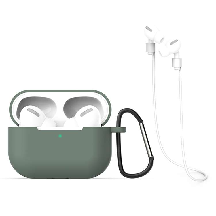 For AirPods Pro Silicone Earphone Protective Case + Hook + Anti-lost Rope 3 in 1 Set(Green)