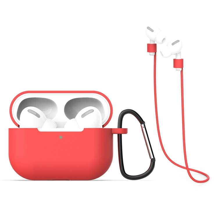 For AirPods Pro Silicone Earphone Protective Case + Hook + Anti-lost Rope 3 in 1 Set(Red)