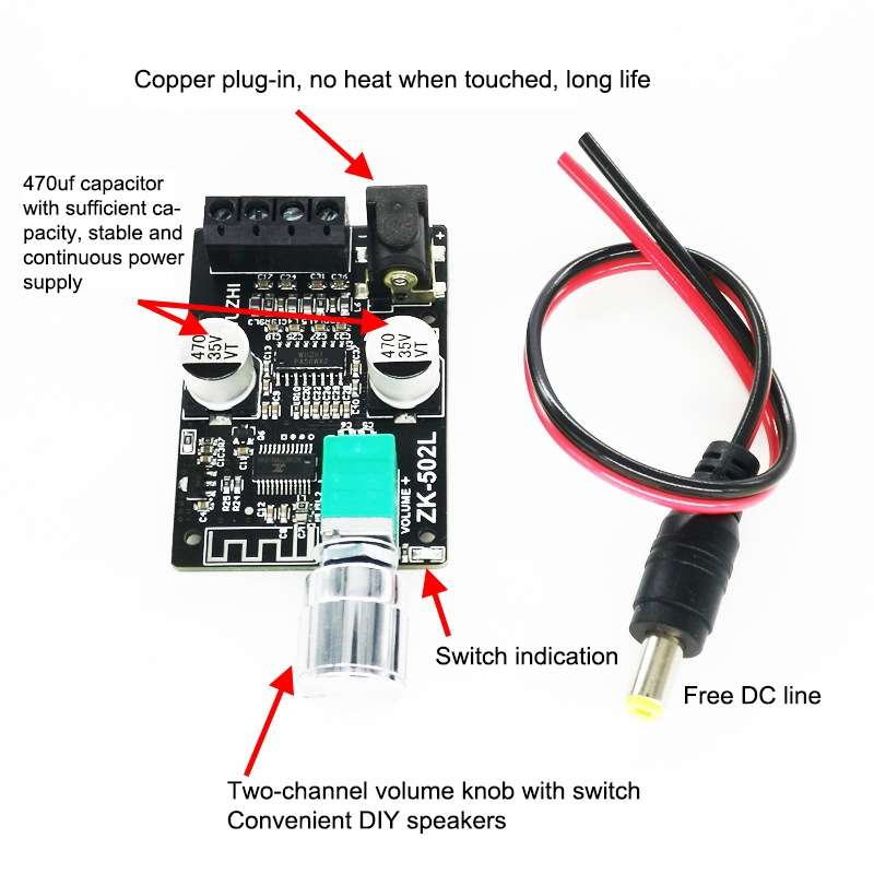 ZK-502L Bluetooth 5.0 12/24V Wireless Stereo Audio Digital Power Amplifier Board 50Wx2 Bluetooth Amp