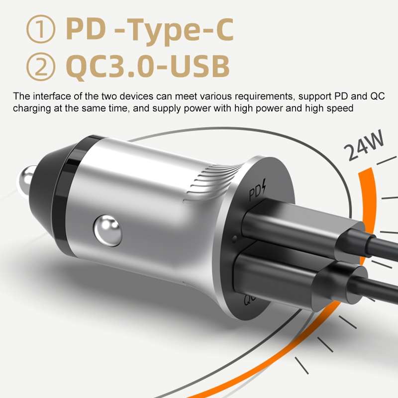 PD USB-C / Type-C + QC3.0 USB Fast Charging Car Charger with Dual LED Indicator