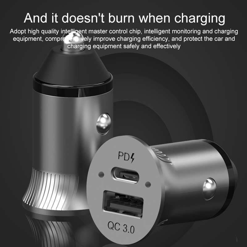 PD USB-C / Type-C + QC3.0 USB Fast Charging Car Charger with Dual LED Indicator