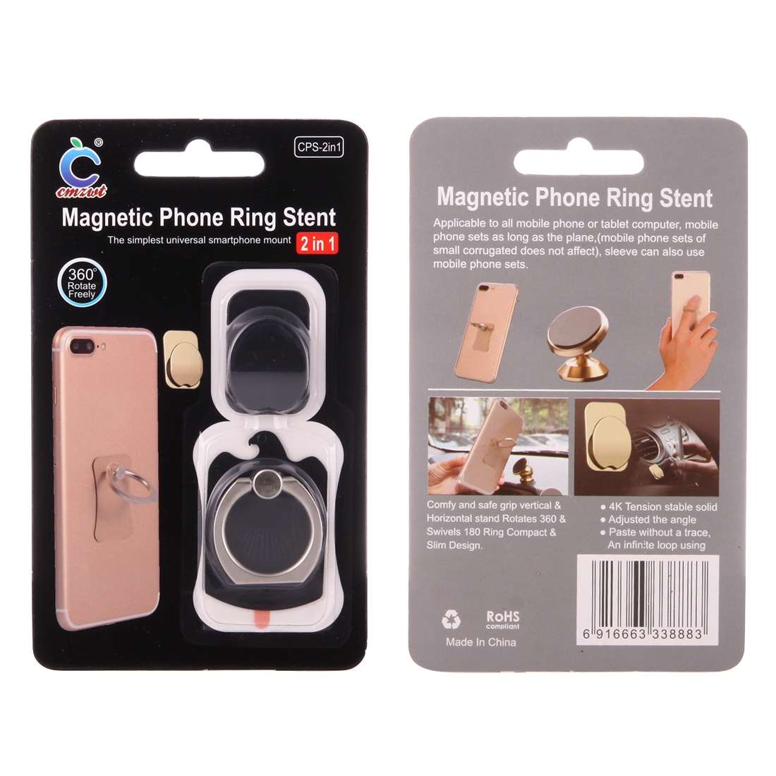 Cmzact CPS-2in1 2 in 1 Eagle Shape 360 Degrees Rotation Magnetic Phone Ring Stent Car ... (Black)