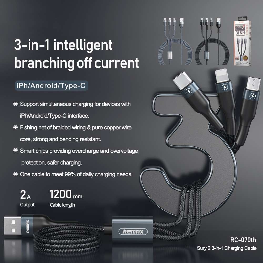 REMAX RC-070TH 1.2m 2A 3 in 1 USB to 8 Pin & USB-C / Type-C & Micro USB Charging Cable(Black)