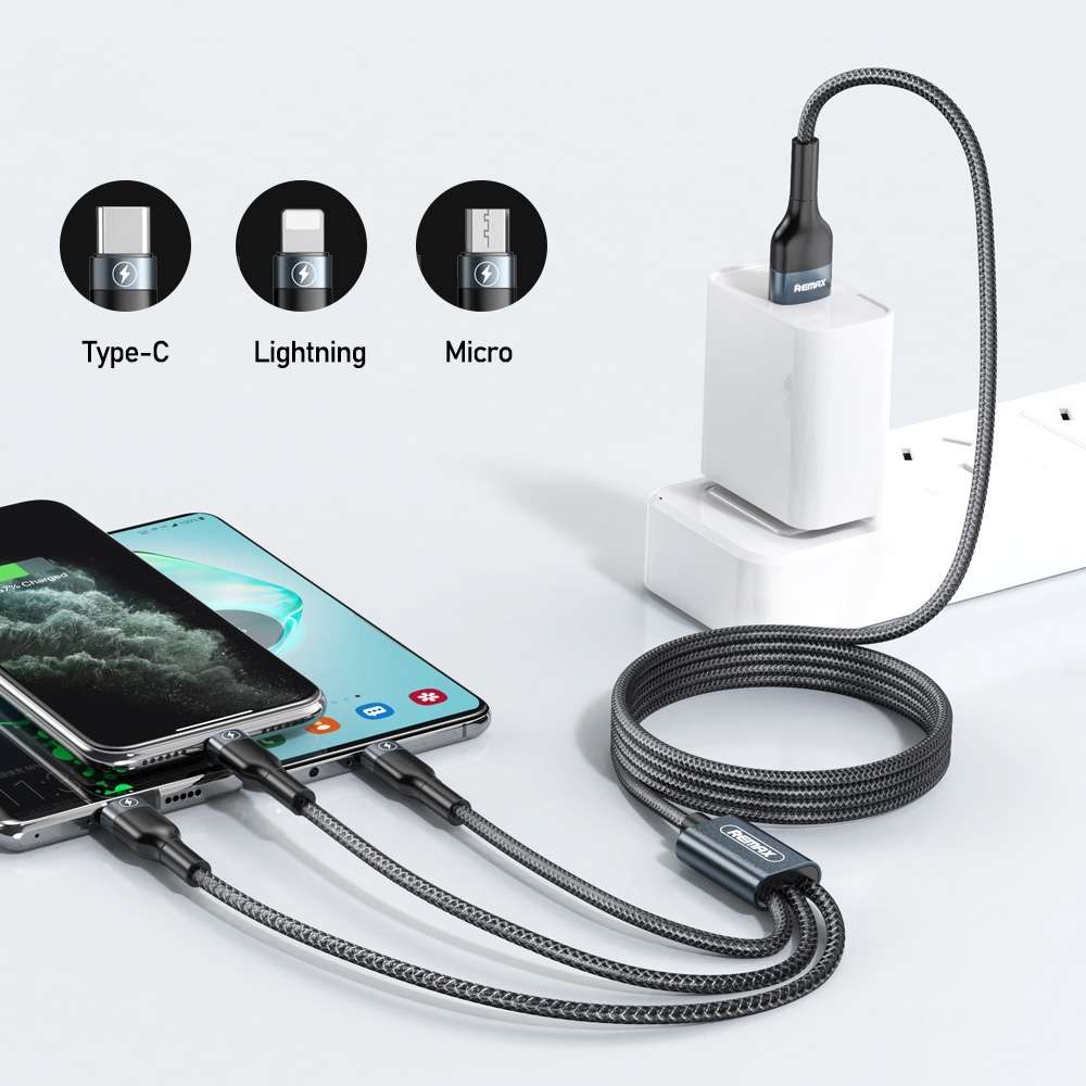 REMAX RC-070TH 1.2m 2A 3 in 1 USB to 8 Pin & USB-C / Type-C & Micro USB Charging Cable(Silver)