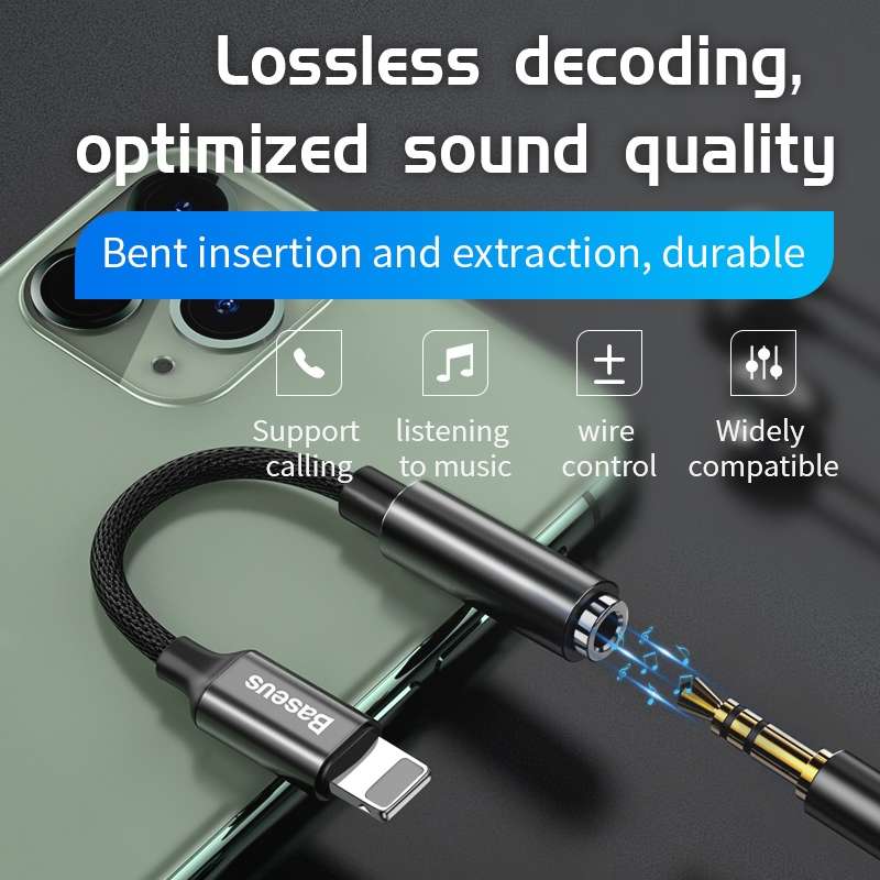 Baseus L3.5 8 Pin Male to 3.5mm Female Adapter with Cable(Black)