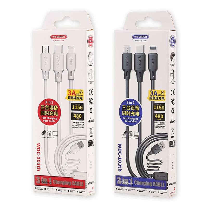 WK WDC-103 3A 3 In 1 8 Pin + Micro USB + Type-C / USB-C Fullspeed Pro Charging Data Ca ... (Black)
