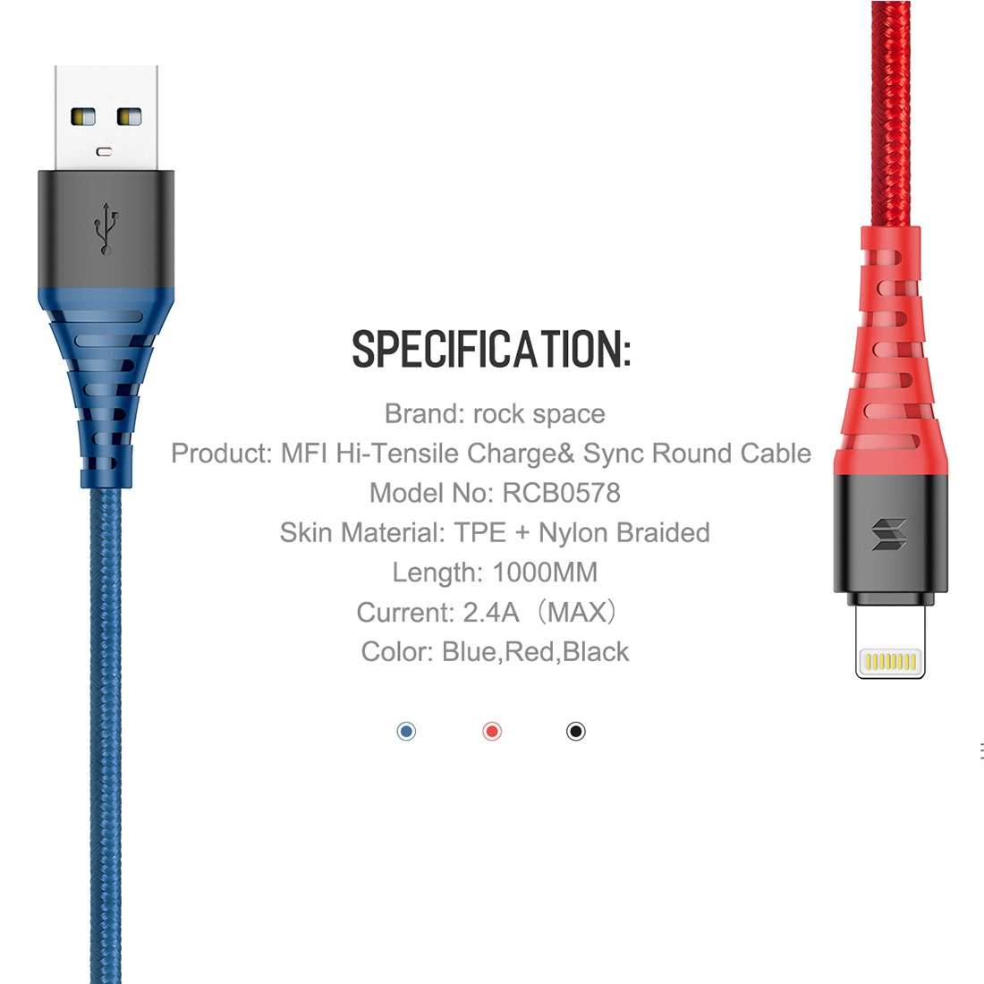Rock Space 1m 2.4A Max MFi Certificated USB to 8 Pin Nylon Braided Round Cord Data Sync Charge Cab