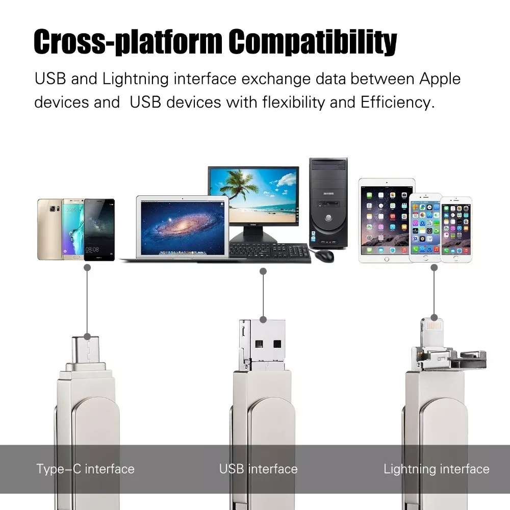 RQW-10X 3 in 1 USB 2.0 & 8 Pin & USB-C / Type-C 128GB Flash Drive