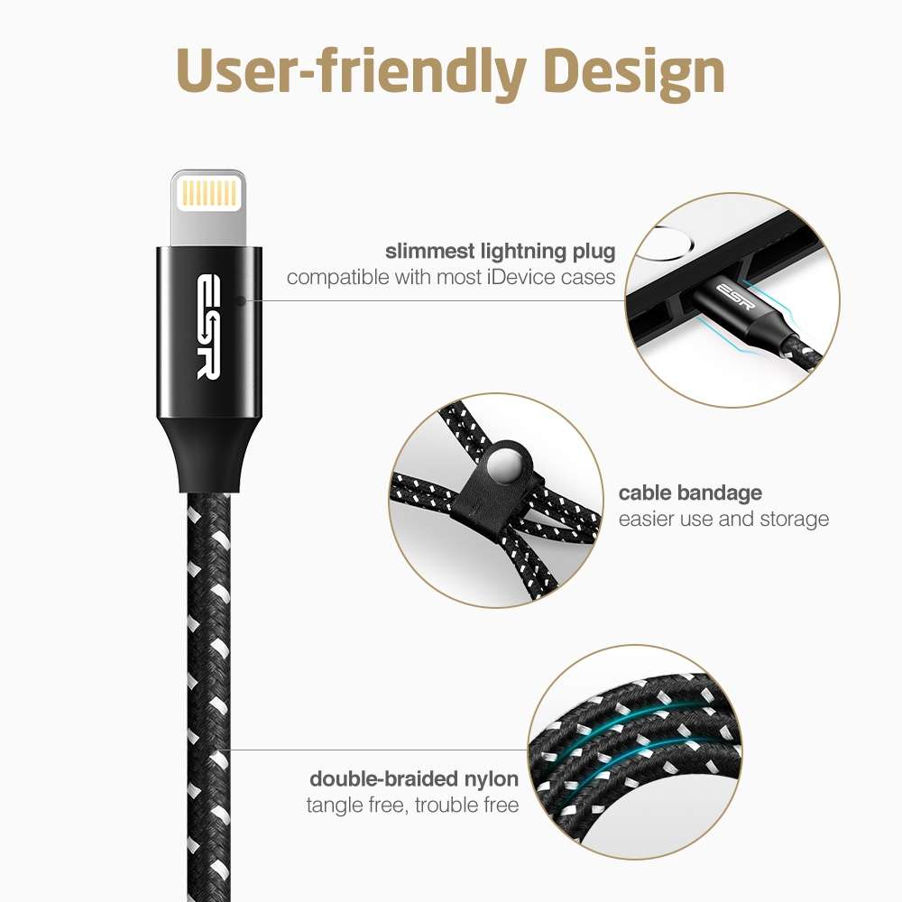 ESR 2m 2.4A MFI Certificated USB to 8 Pin Nylon Braided Fast Charging Cable