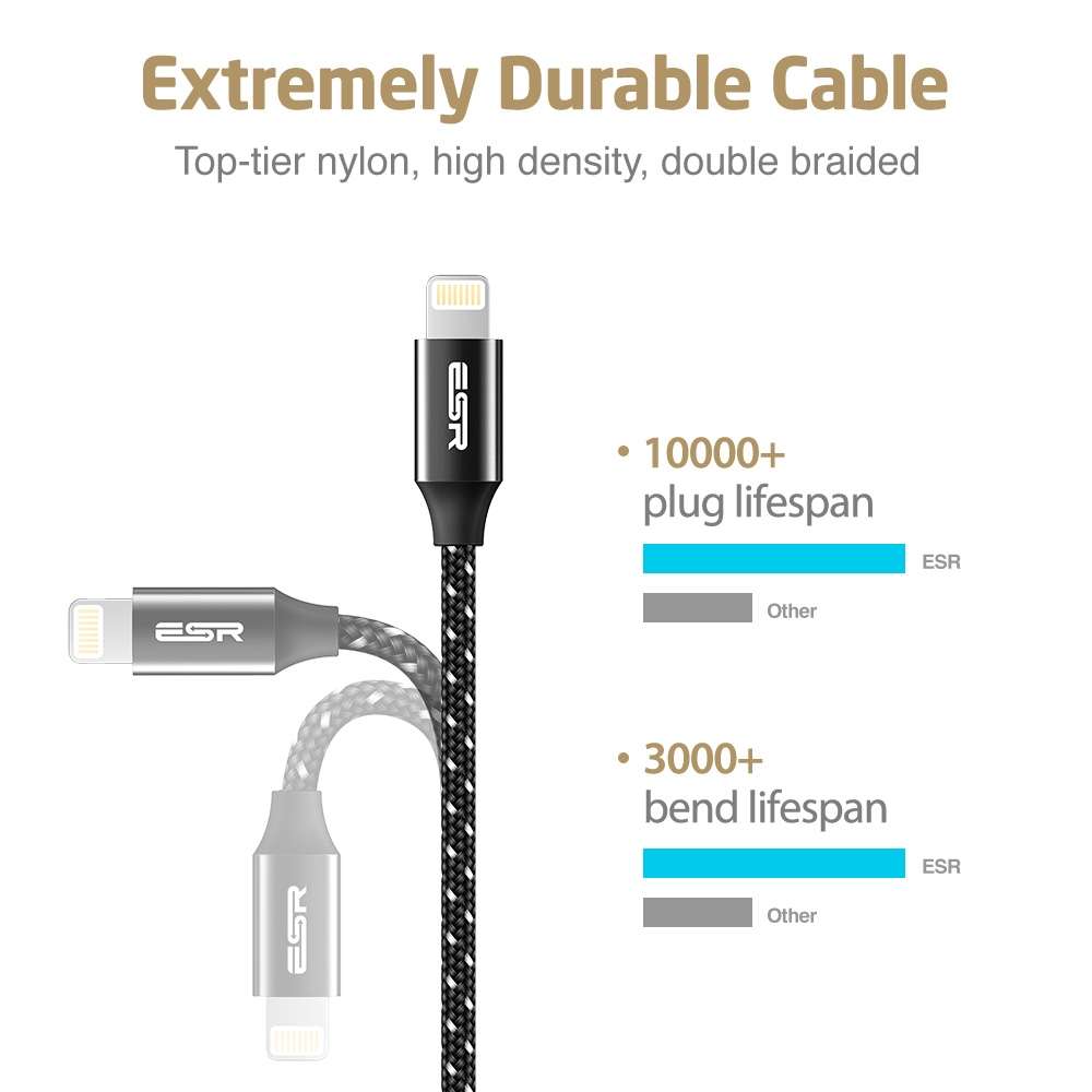 ESR 1m 2.4A MFI Certificated USB to 8 Pin Nylon Braided Fast Charging Cable