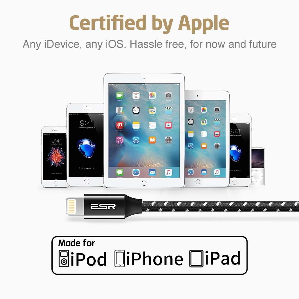 ESR 1m 2.4A MFI Certificated USB to 8 Pin Nylon Braided Fast Charging Cable