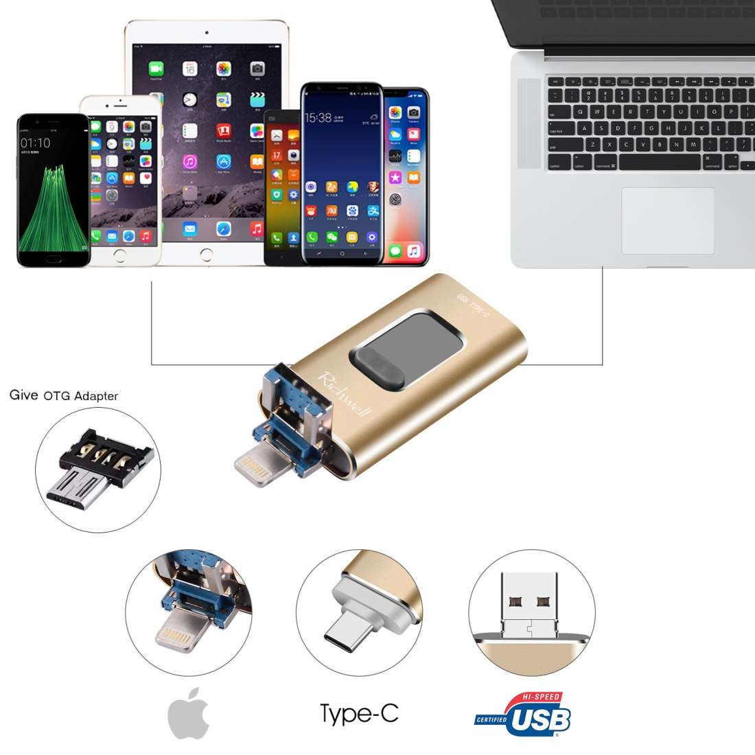 Richwell 3 in 1 64G Type-C + 8 Pin + USB 3.0 Metal Push-pull Flash Disk with OTG Function(Black)