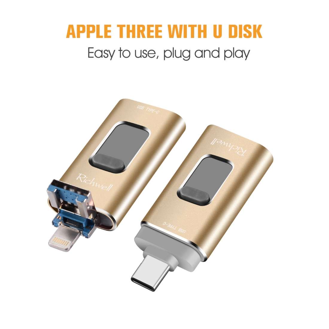 Richwell 3 in 1 64G Type-C + 8 Pin + USB 3.0 Metal Push-pull Flash Disk with OTG Function(Black)