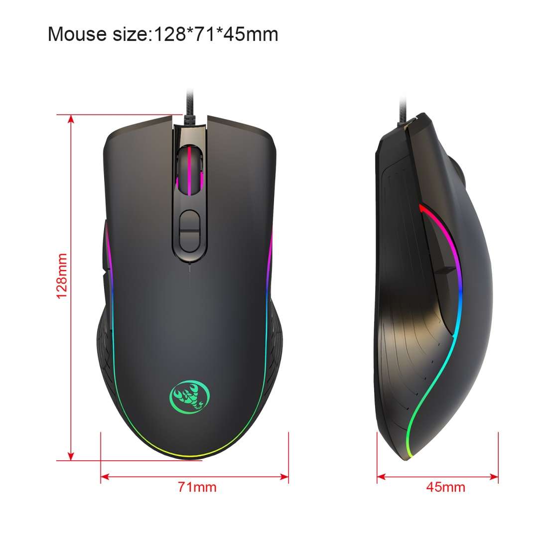 HXSJ A867 USB 6400DPI Four-speed Adjustable RGB Illuminate Wired E-sport Gaming Mouse, Length: 1.5
