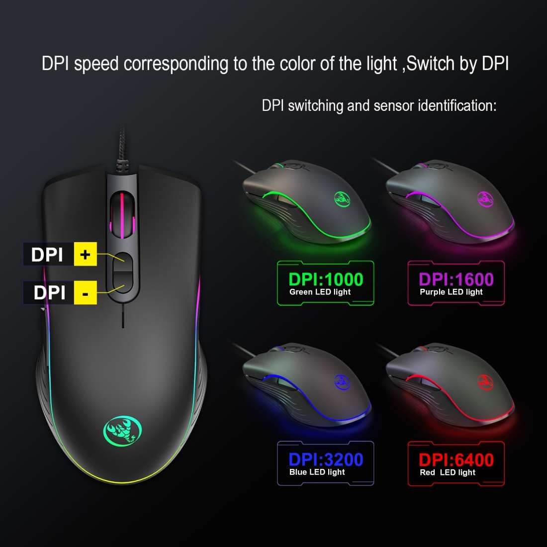 HXSJ A867 USB 6400DPI Four-speed Adjustable RGB Illuminate Wired E-sport Gaming Mouse, Length: 1.5