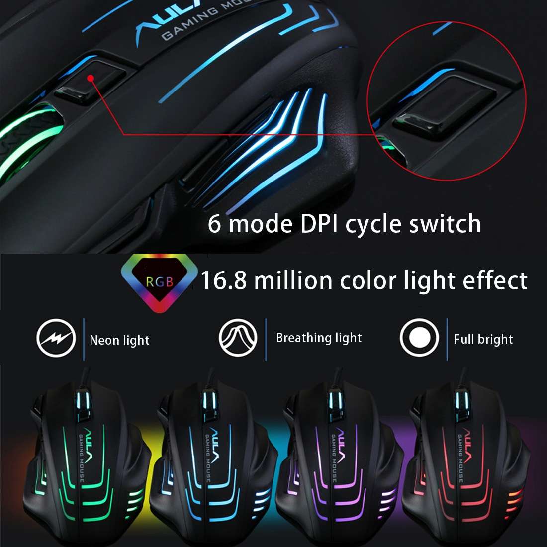 Aula Series Ghost Shark II Colourful Light 7D Optical Competitive USB Wired Game Mouse ... (Black)
