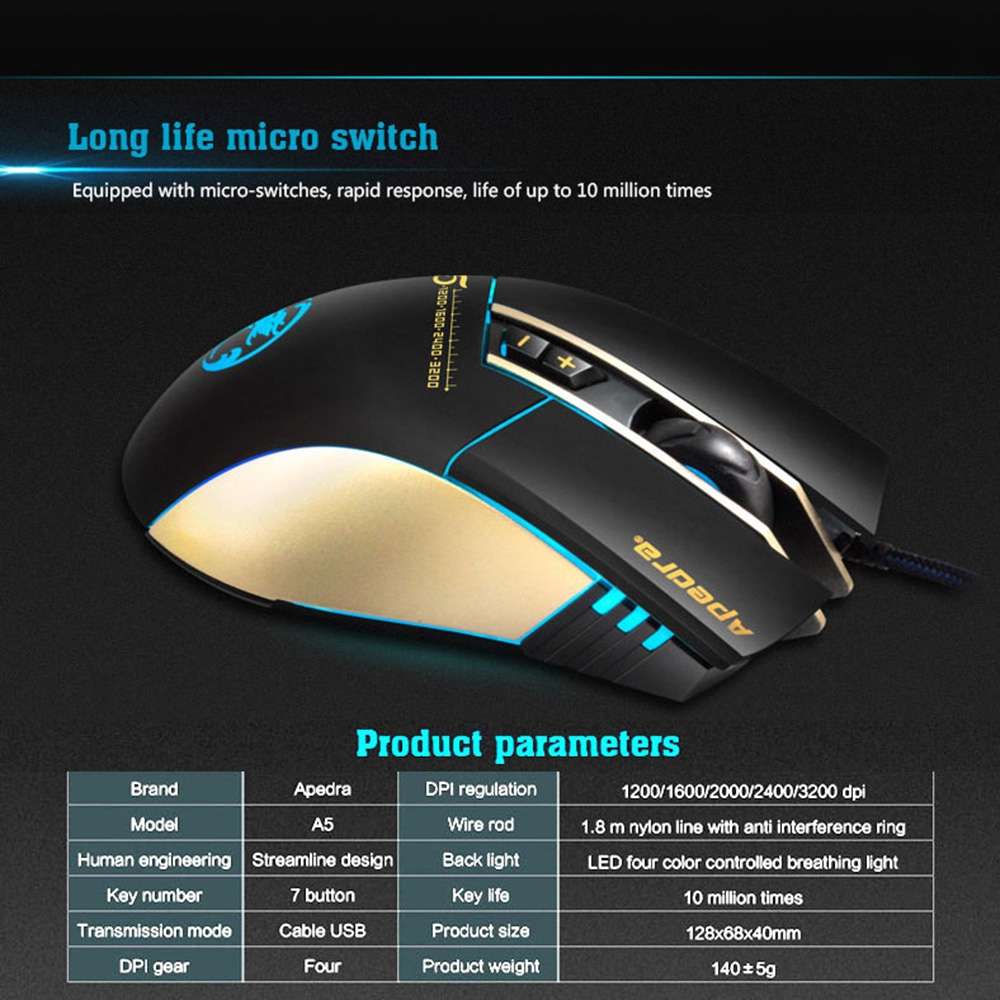 Apedra iMICE A5 High Precision Gaming Mouse LED four color controlled breathing light ... (Black)